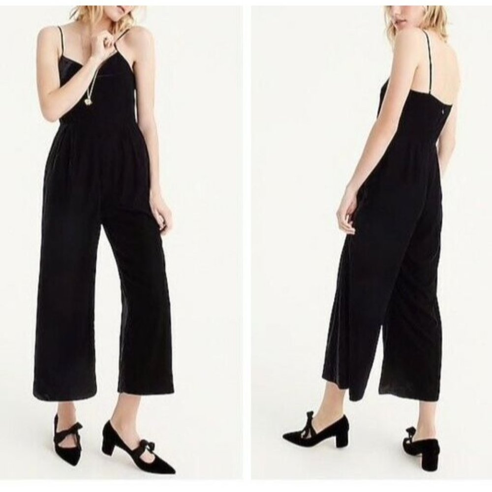 J.CREW 6 Black Velvet Crop Wide Leg V-Neck Jumpsuit w/ Back Zipper Pockets 23"in